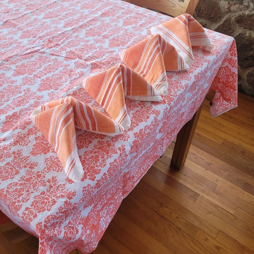 78x60 Nicole Miller Orange Floral Tablecloth 4 Cloth Striped Napkins Spring
